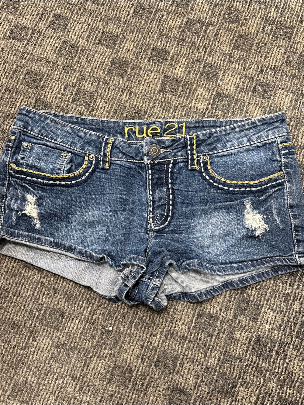 Rue21 Distressed Dark Blue Denim Shorts with Yellow Stitching